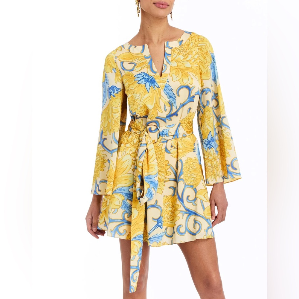 Yellow Floral Tie-Waist Mini Dress